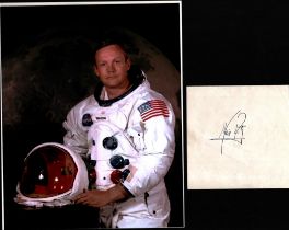 Neil Armstrong signed 5x4 inch white page and 10x8 inch colour photo. Good Condition. All autographs