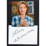 Lesley Manville Signed Signature Card With Colour Glossy Photo of Herself attached to Black Card.