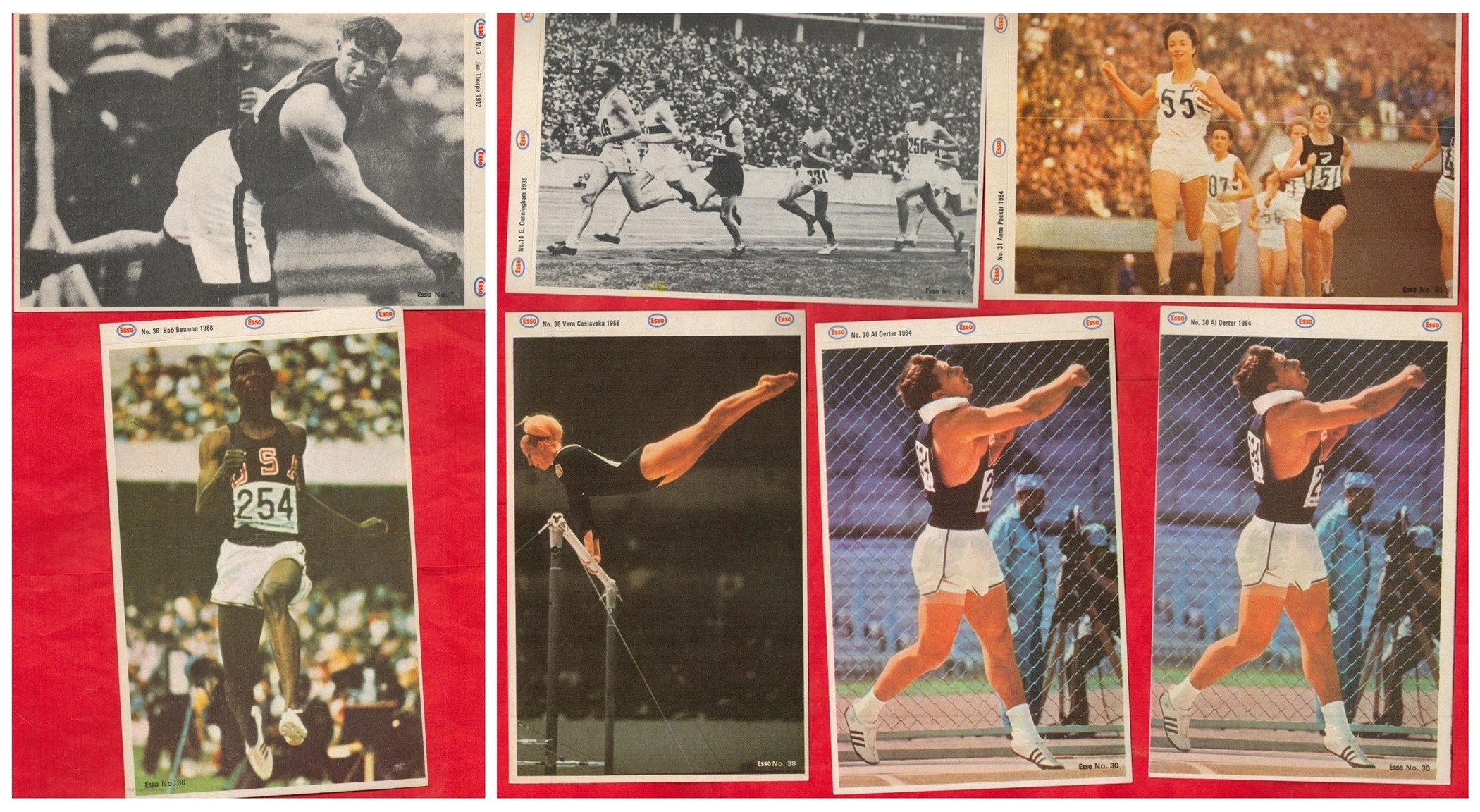 Sport. Collection of 7 ESSO Stickers of Famous Athletes with names including Vera Caslavska, Al