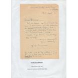 RAF WAR ARTIST: Handwritten letter, 6x8 inches dated April 1947, written and signed by Alfred R