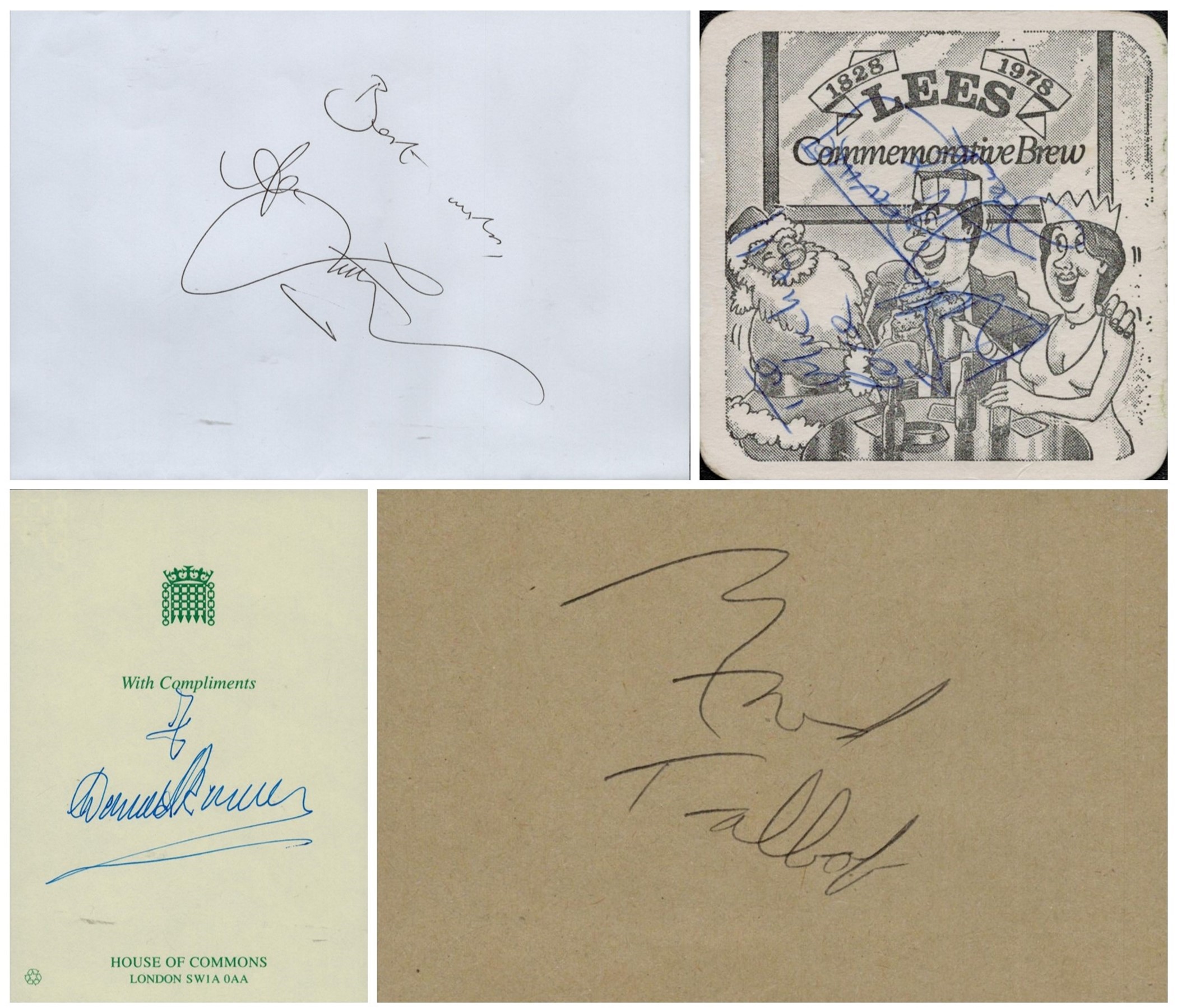 4 x Autograph pieces signed signatures unknown. House of Commons. 1828-1978 LEES Commemorative Brew.