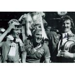 Football Man Utd Players Alec Stepney and Jimmy Greenhoff signed 12 x 8 b/w FA Cup celebration