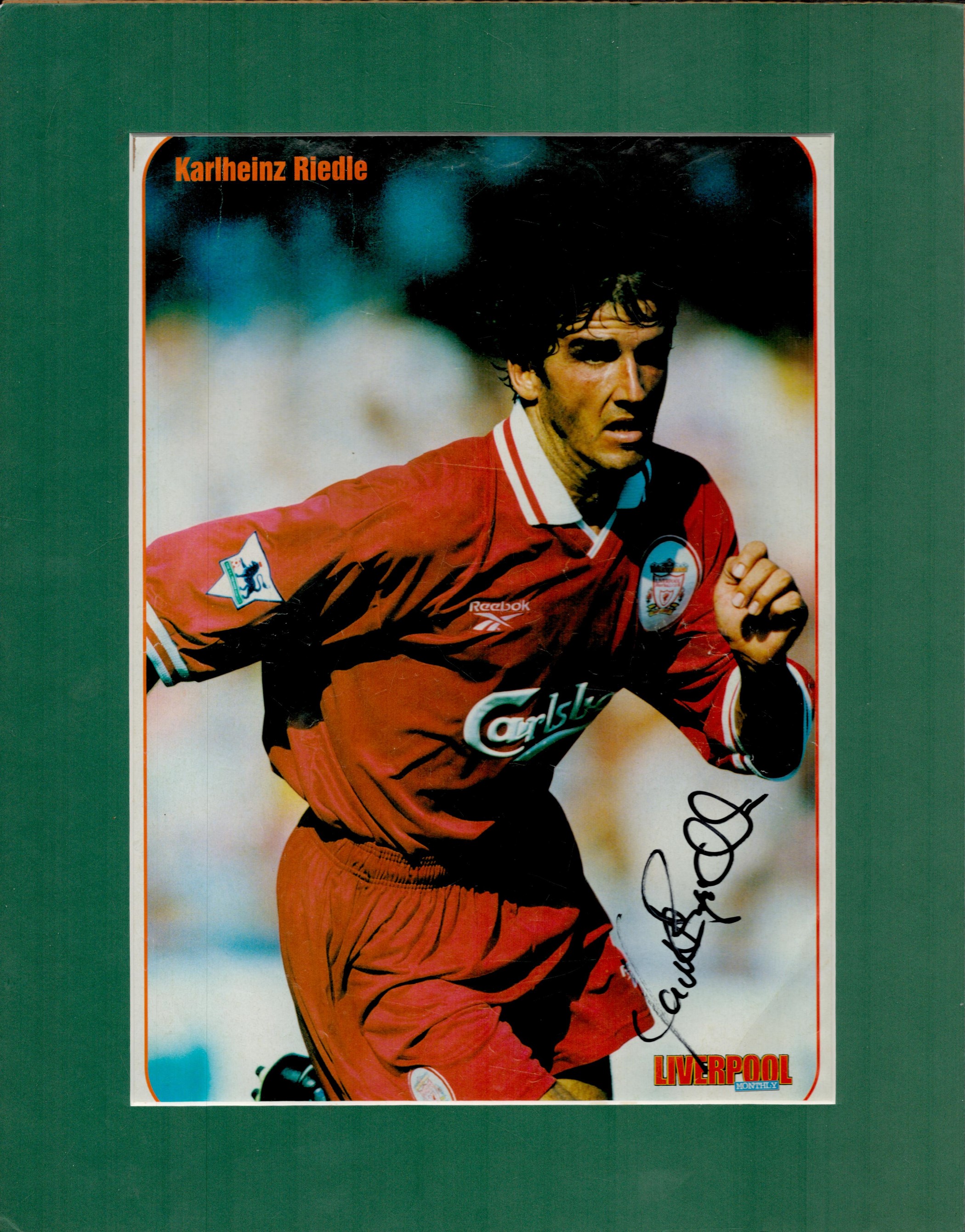 Football. Karlheinz Riedle (Liverpool FC) Signed Liverpool Monthly Magazine Page in Black ink.