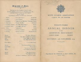 Army Scots Guards 1933 dinner menu for 23rd Annual Dinner helps and Grosvenor Restaurant Glasgow.