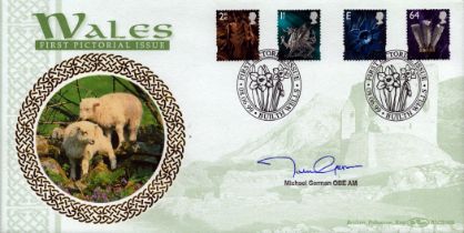 Michael German OBE signed Wales first pictorial issue FDC. 8/6/99 Builth Wells postmark