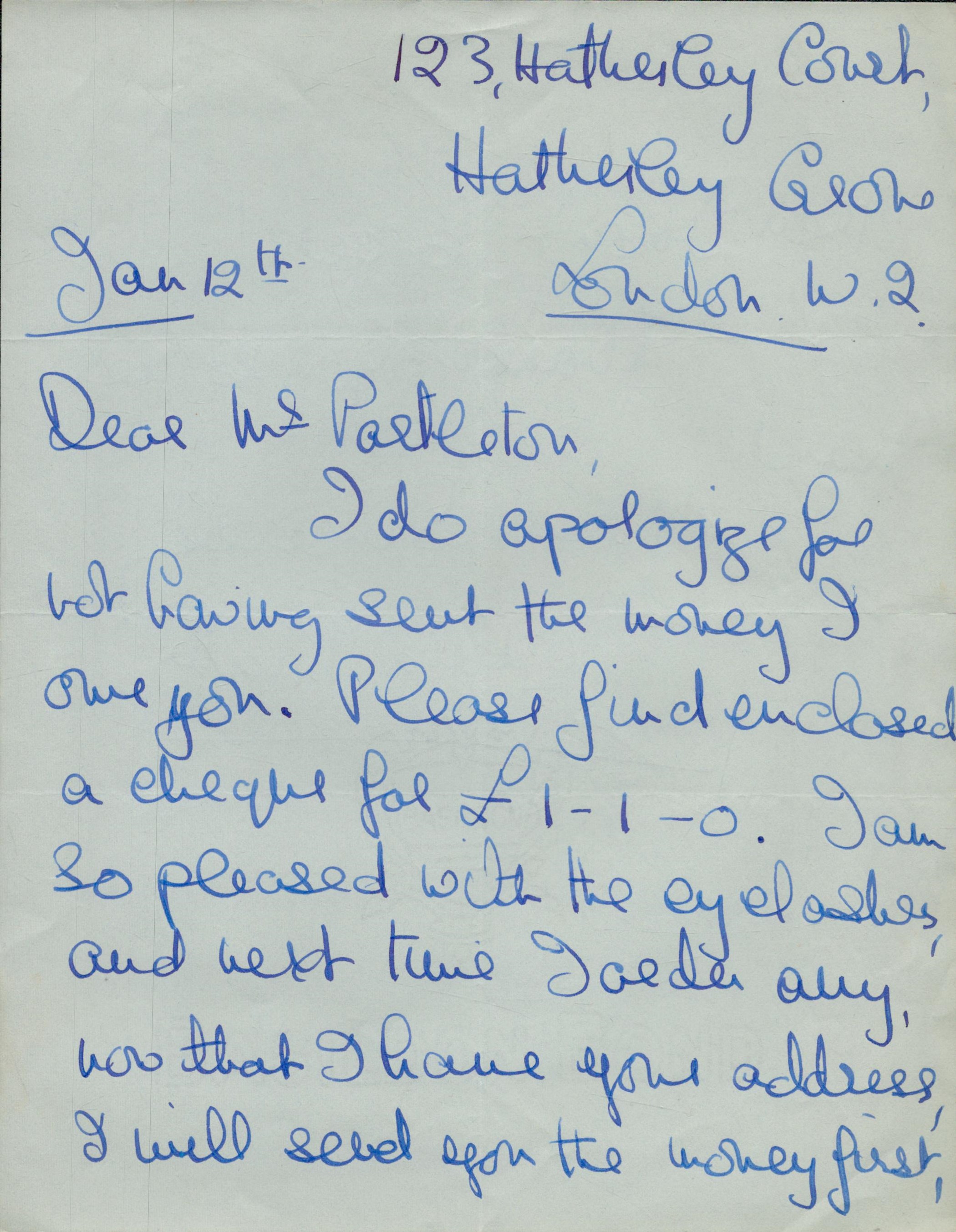 Joanna Rigby - vintage ALS dated Jan 12th (n/y) apologising for not having sent money she owed to - Image 2 of 2
