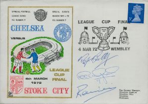 Roy Bentley, Peter Osgood and C Rainier signed 1972 Chelsea V Stoke League Cup Final FDC. Good