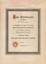 J Arthur Rank - a large (15"x11") and ornate certificate from J Arthur Rank Productions Ltd