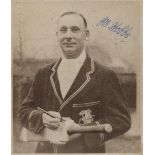 Cricket Legend Jack Hobbs signed 5x3 inch overall black and white photo affixed to card. Good