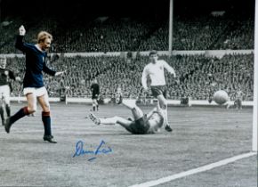 Autographed DENIS LAW 16 x 12 Photo : Colorized, depicting Scotland striker DENIS LAW scoring the