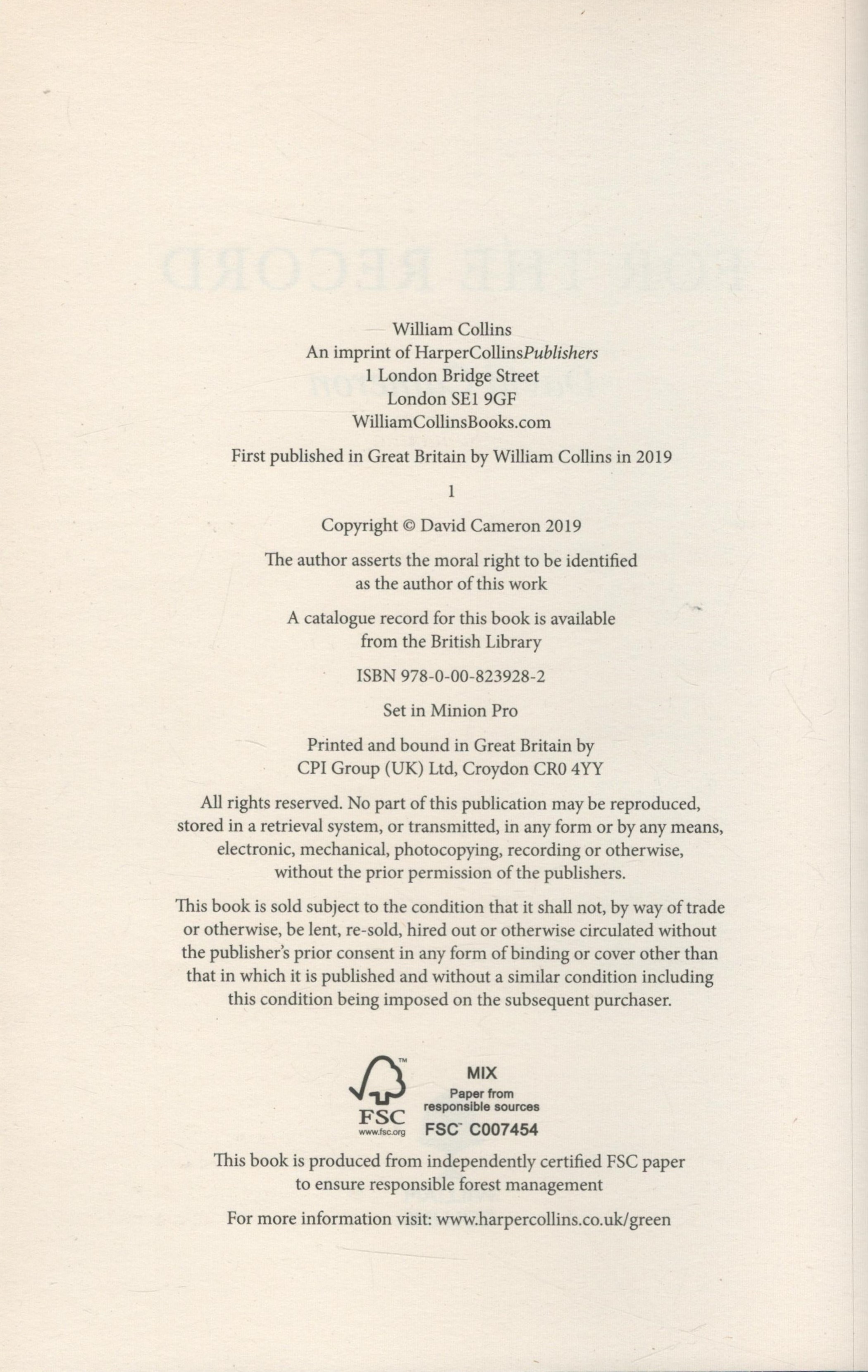 Prime Minister David Cameron signed hardback book For the Record. ISBN978-0-00-823928-2. Good - Image 3 of 3