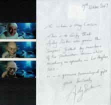 Andy Serkis - ALS dated 19/10/2007 certifying he was given a 'Simpsons' jacket (not present) by