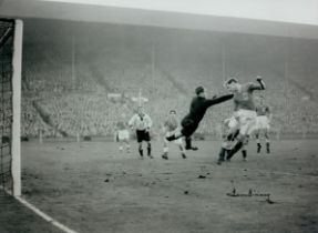 Autographed TOM FINNEY 16 x 12 Photo : B/W, depicting England winger TOM FINNEY being foiled by West