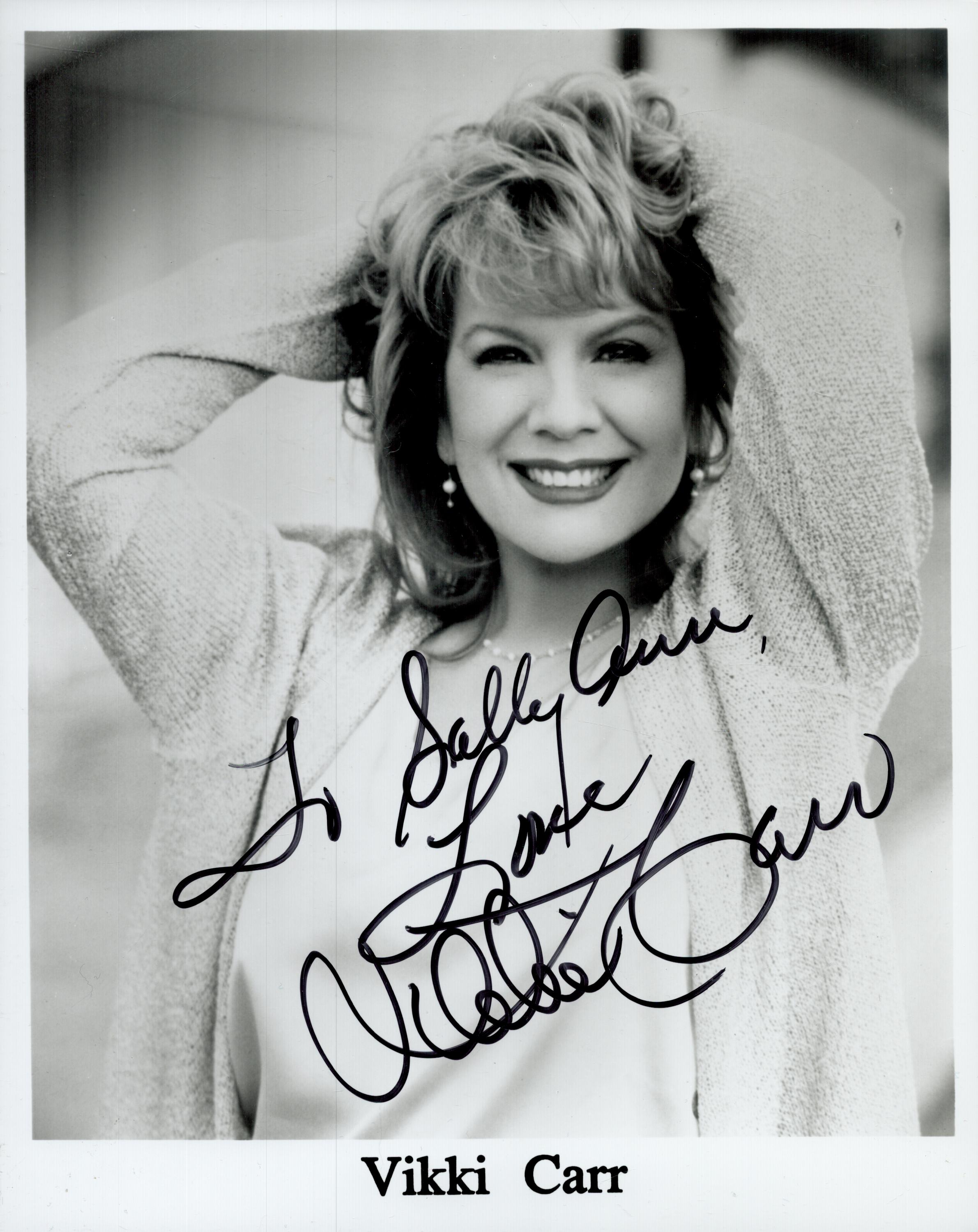 Vikki Carr signed 10x8 inch black and white promo photo. Dedicated. Good Condition. All autographs