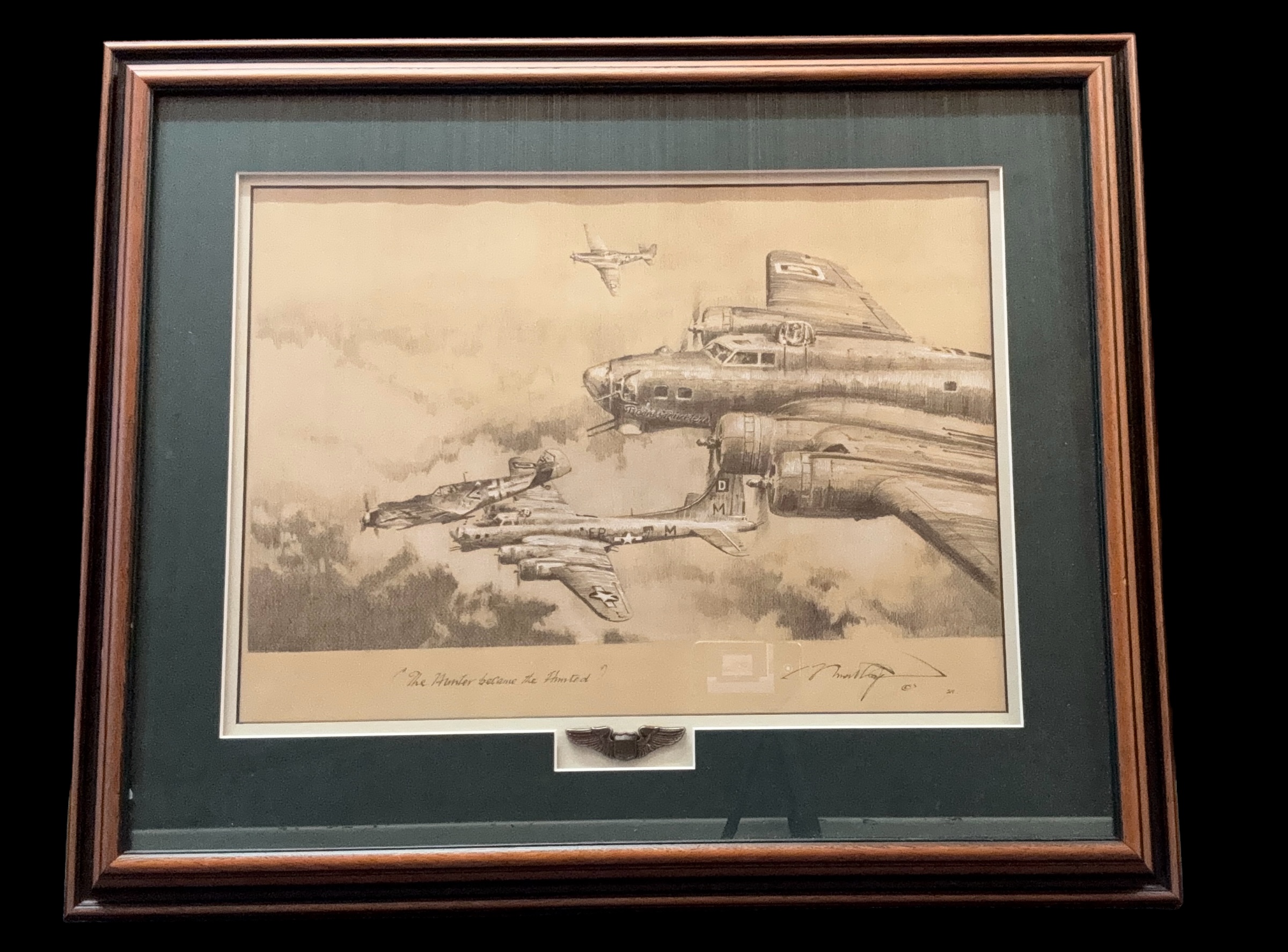 The Hunter became the Hunted WWII 28X24 inch framed and mounted print signed in pencil by the artist