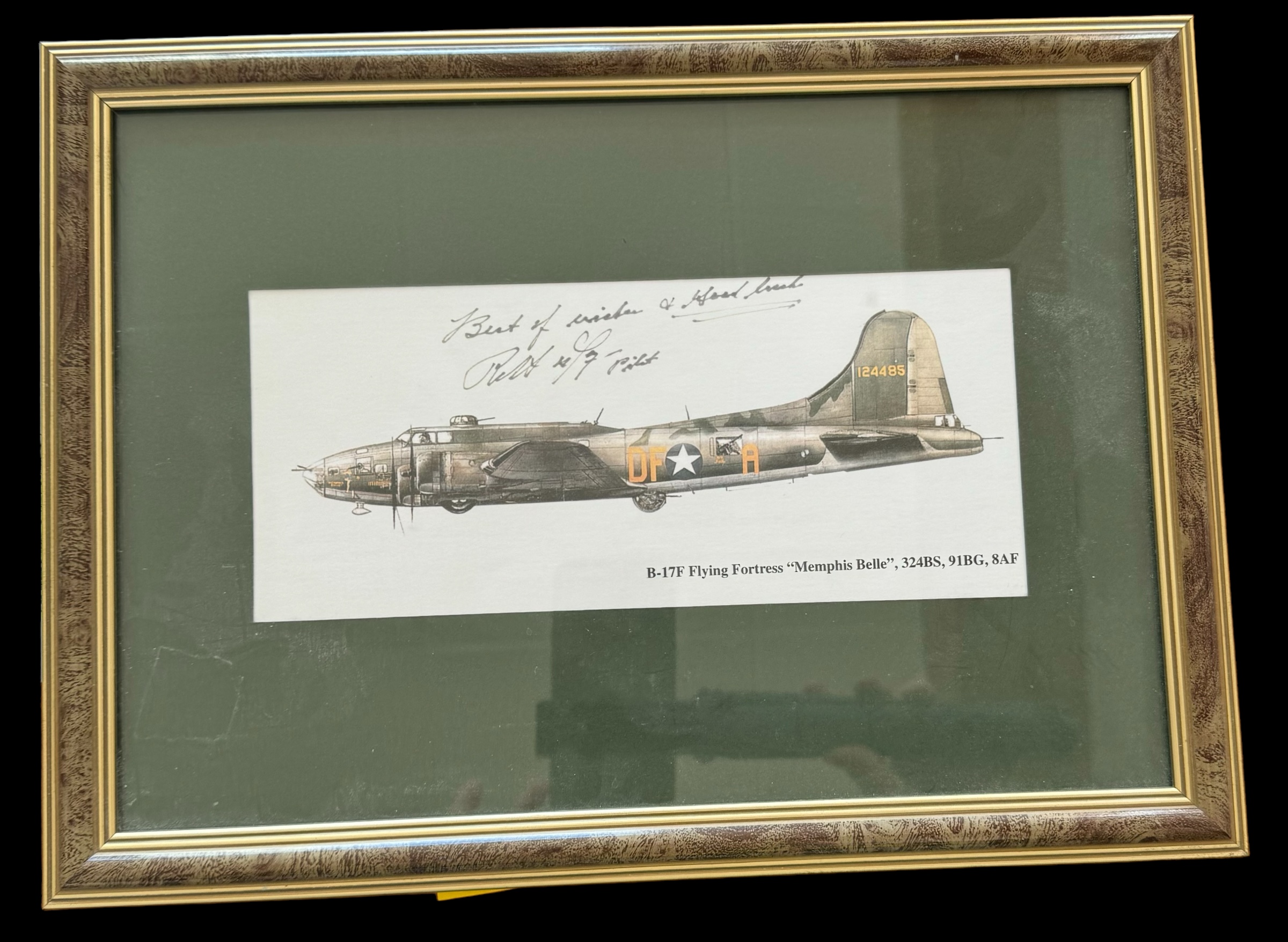 B-17F Flying Fortress signed colour photo. Mounted and framed to approx size 12x10inch. Good - Image 2 of 3