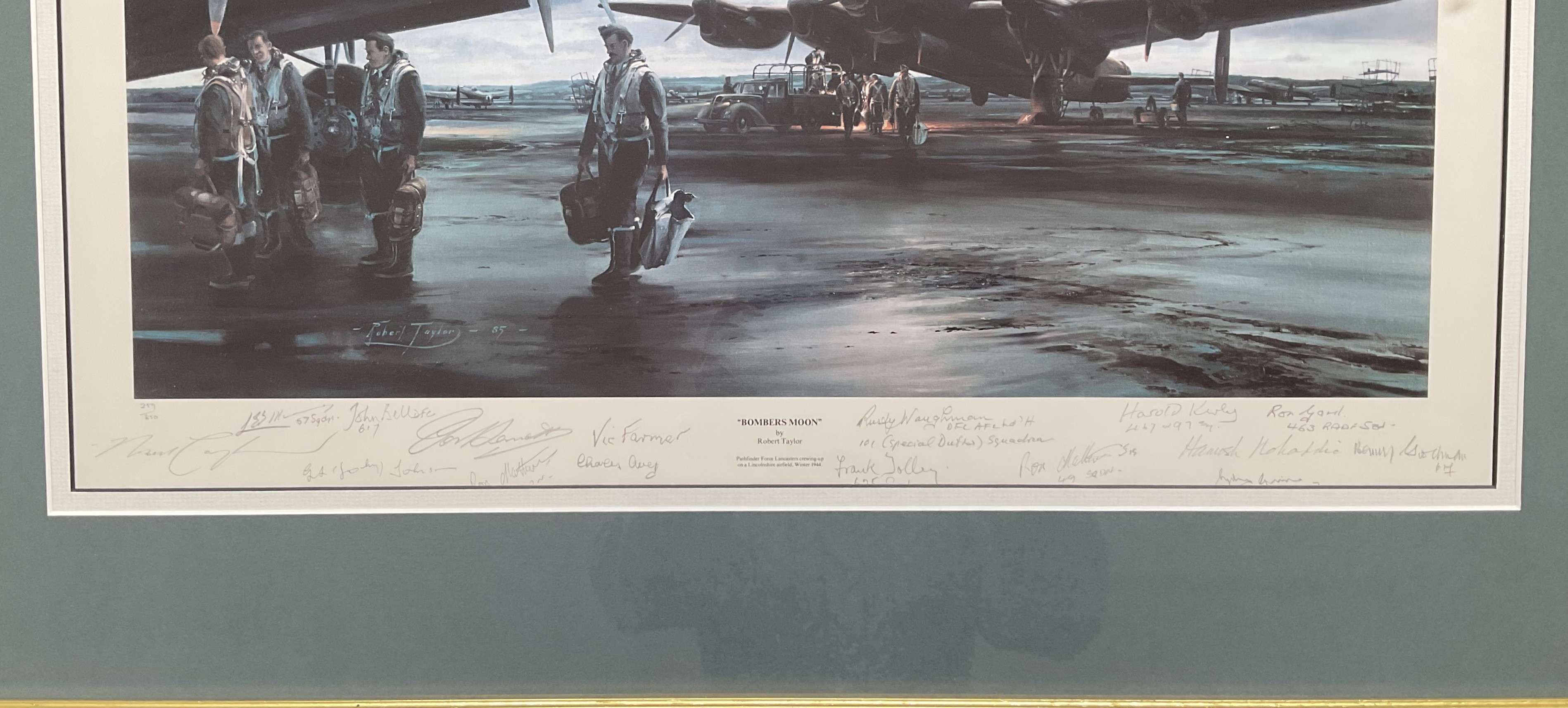 WW2 multi signed veterans print titled Bombers Moon by Robert Taylor limited 259/850 Mounted and - Image 4 of 6