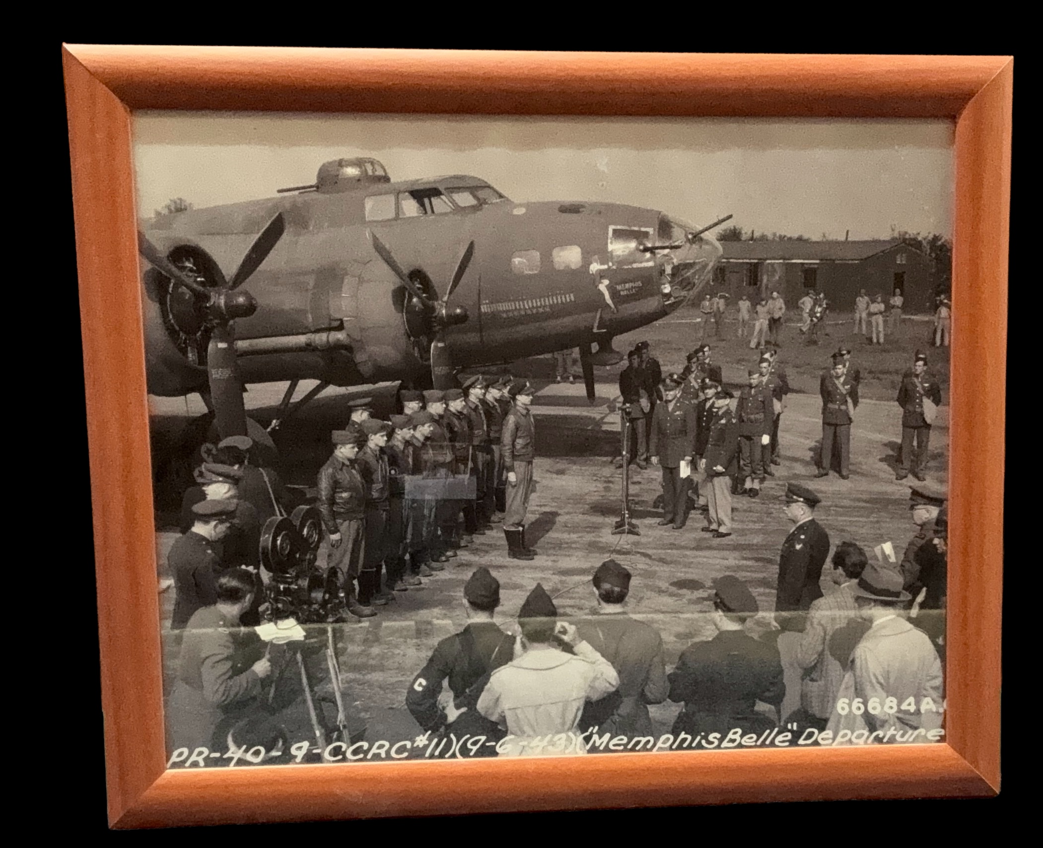 WW2 framed black and white photo of a ceremony Capt. Robert K Morgan and crew of the Boeing B-17