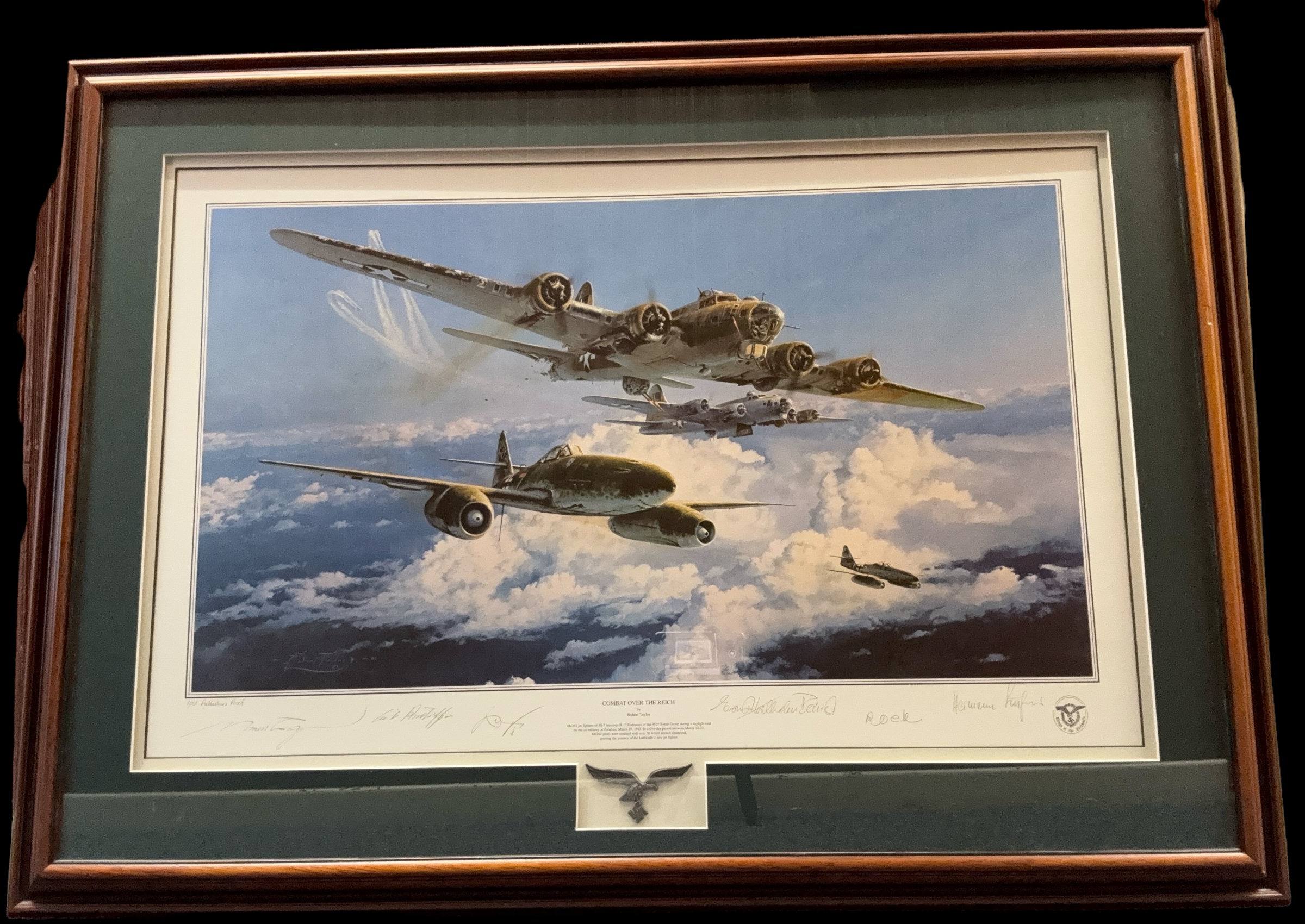 Combat Over the Reich WWII multi signed print 38x28 inch framed and mounted signed in pencil by