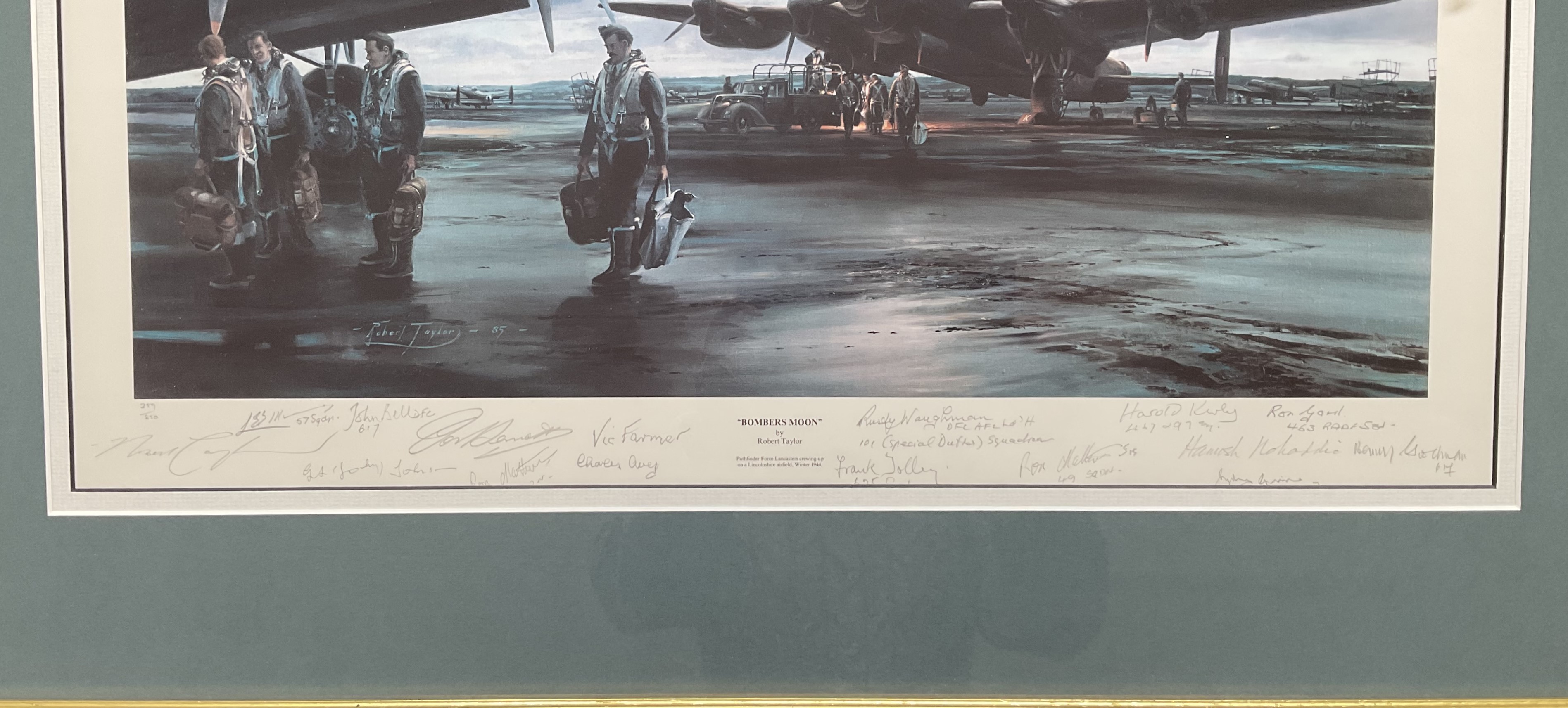 WW2 multi signed veterans print titled Bombers Moon by Robert Taylor limited 259/850 Mounted and - Image 6 of 6