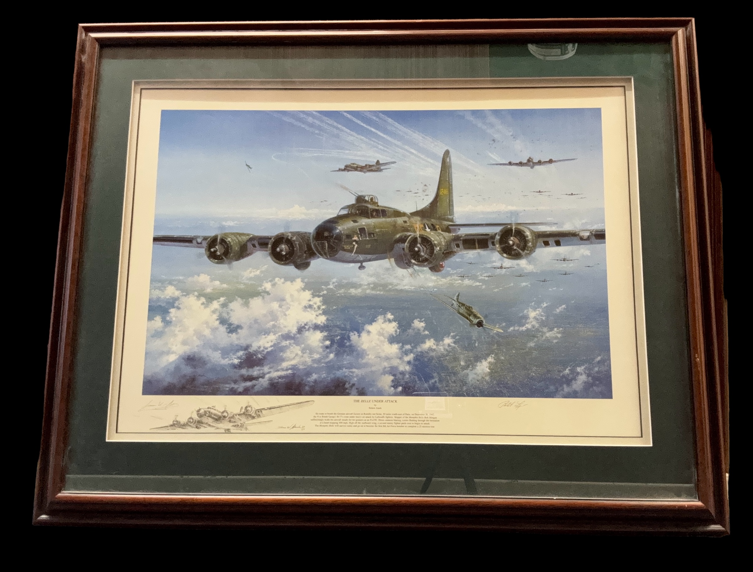 The Belle Under Attack WWII 36x30 inch print framed and mounted signed in pencil by the artist Simon - Image 3 of 3