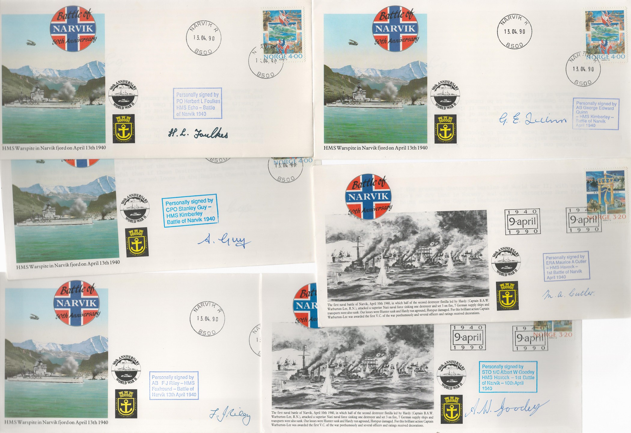 Battle of Narvik Signed Collection of 6 FDCs signatures include George E Quinn, Maurice A Cutler, - Image 2 of 3