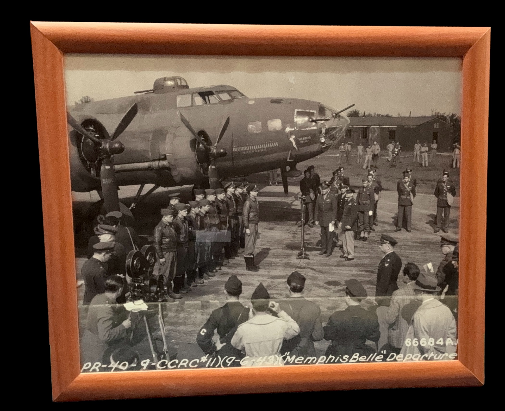WW2 framed black and white photo of a ceremony Capt. Robert K Morgan and crew of the Boeing B-17 - Image 3 of 3