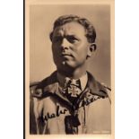 Luftwaffe Ace Walter Oesau signed wartime original 5.5x3.5 inch approx sepia photo. Walter "Gulle"