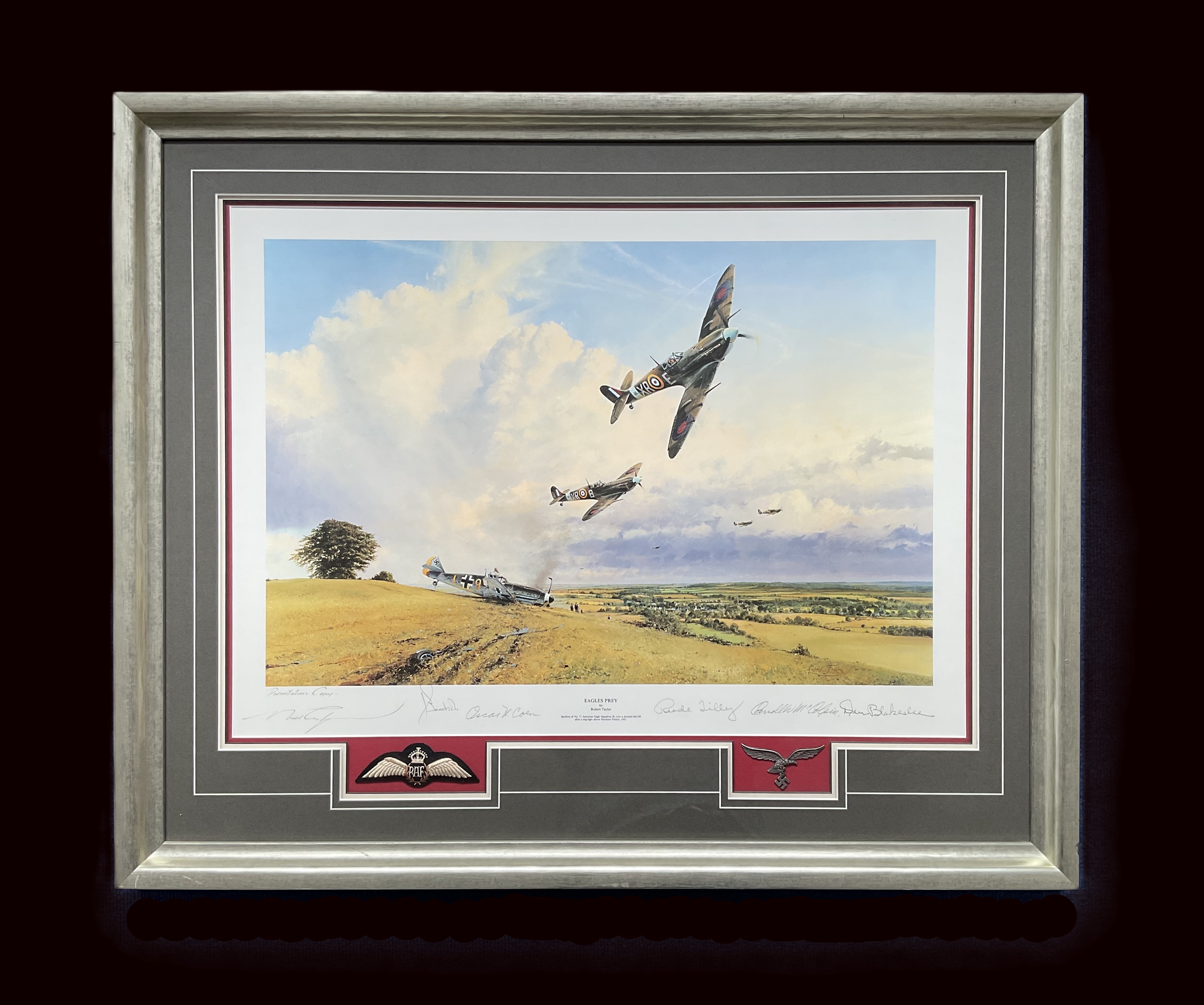 WW2 multi signed veterans print titled EAGLES PREY by Robert Taylor Mounted and Framed signatures - Image 2 of 6