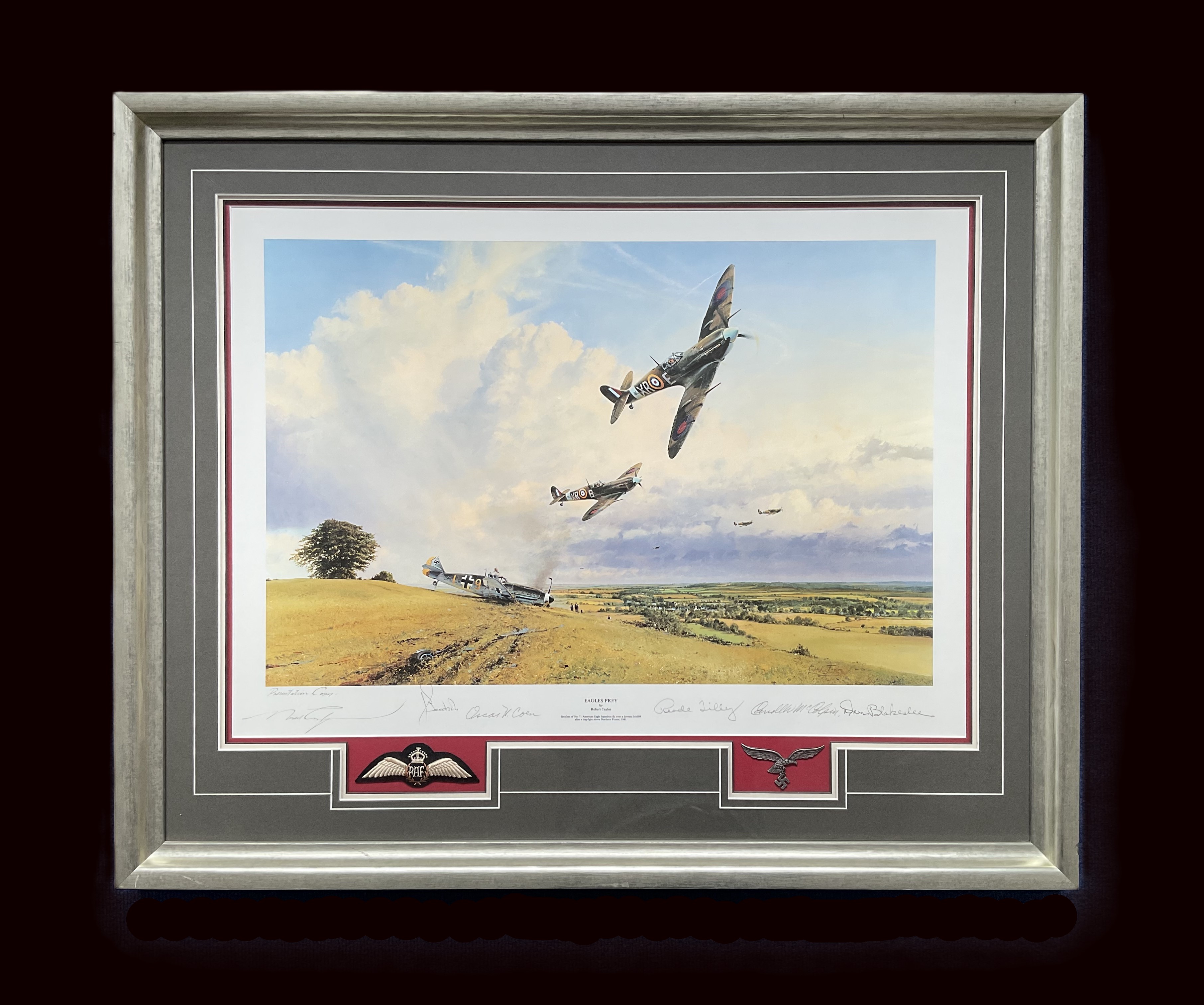 WW2 multi signed veterans print titled EAGLES PREY by Robert Taylor Mounted and Framed signatures - Image 3 of 6