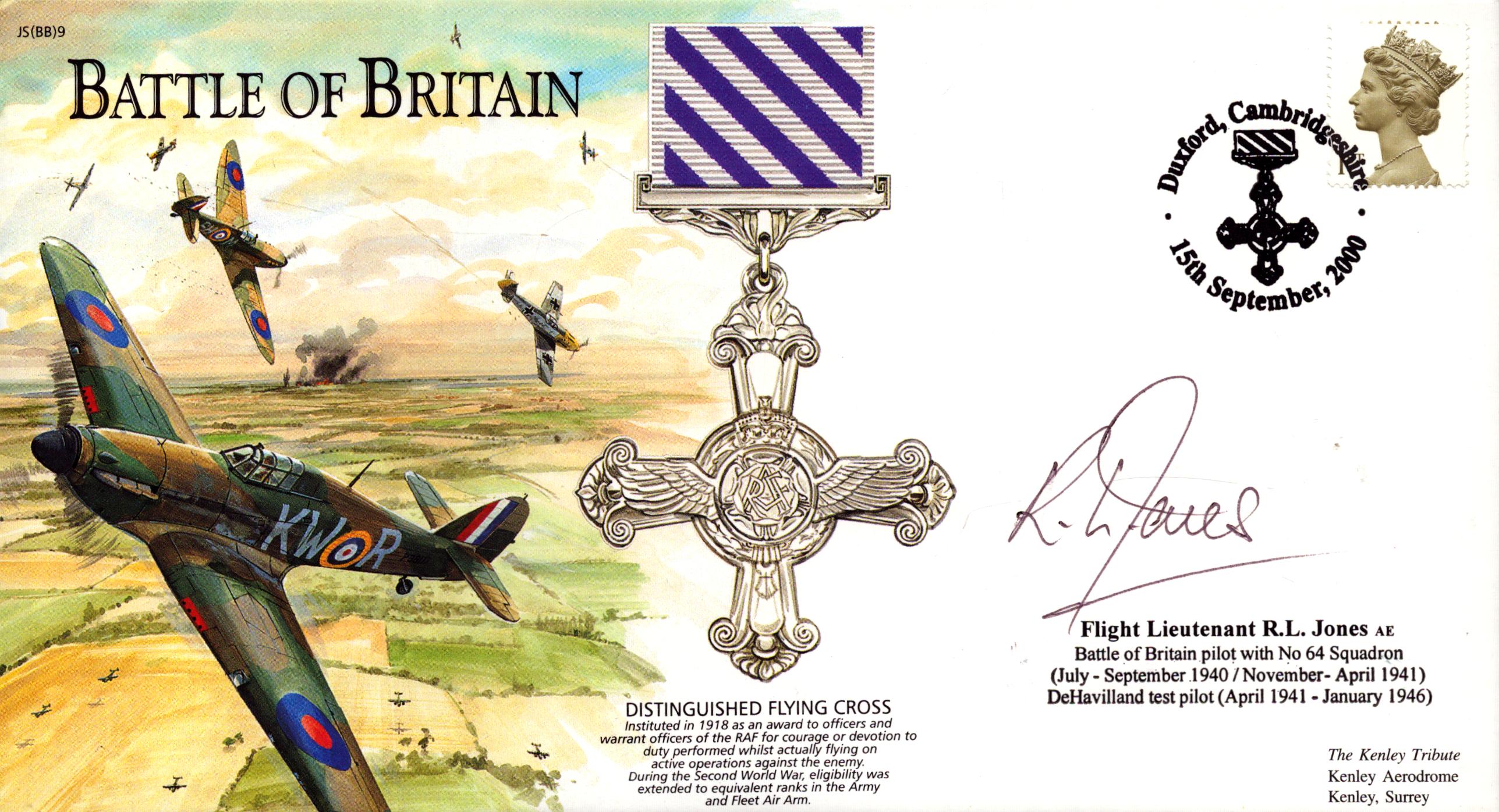 WWII BOB Flight Lieutenant R.L. Jones AE 64 Squadron signed Distinguished Flying Cross commemorative - Image 2 of 3