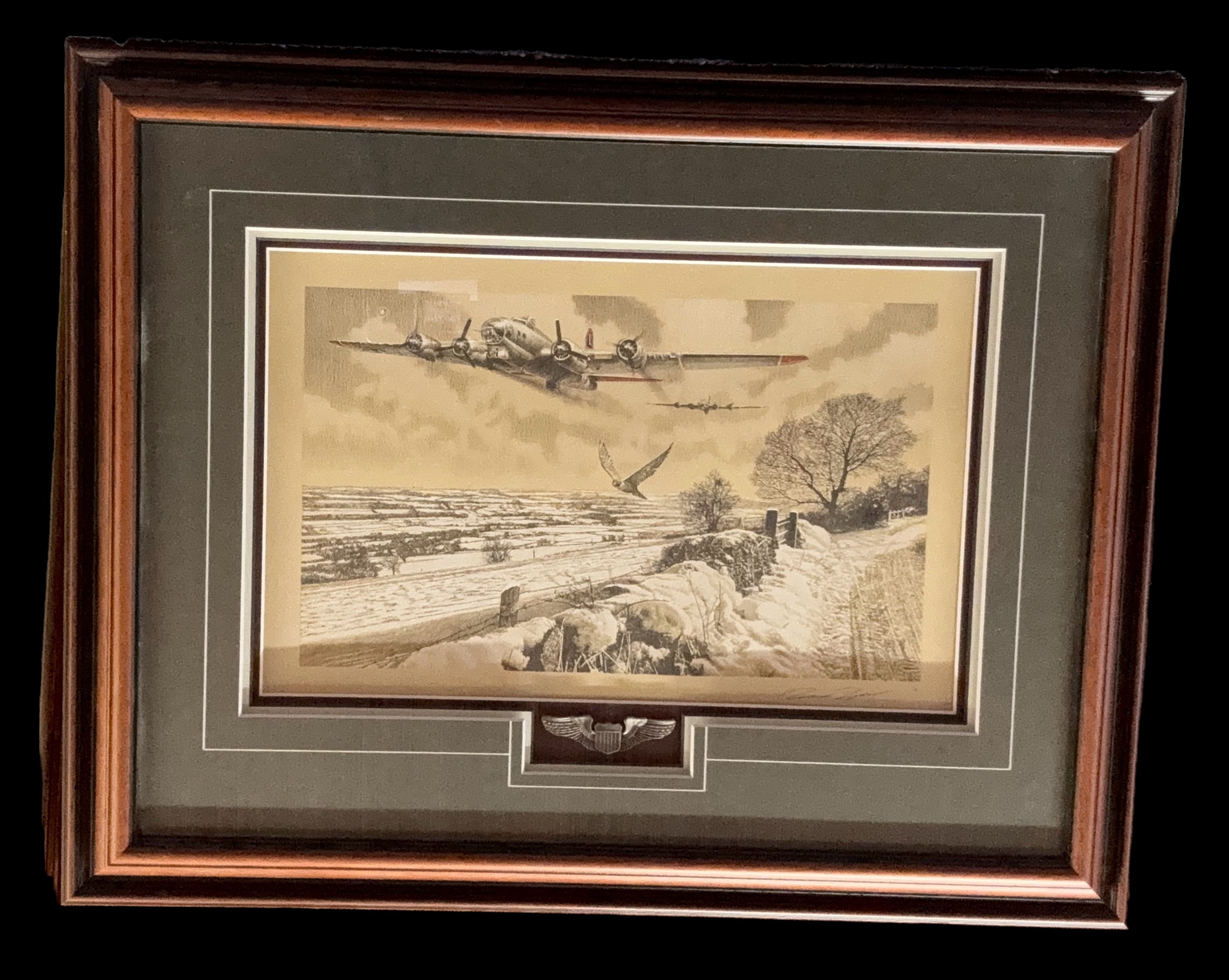 WW2 Print by artist Robert Taylor Limited. Picturing WW2 plane flying over a field, USAF wings - Image 2 of 3