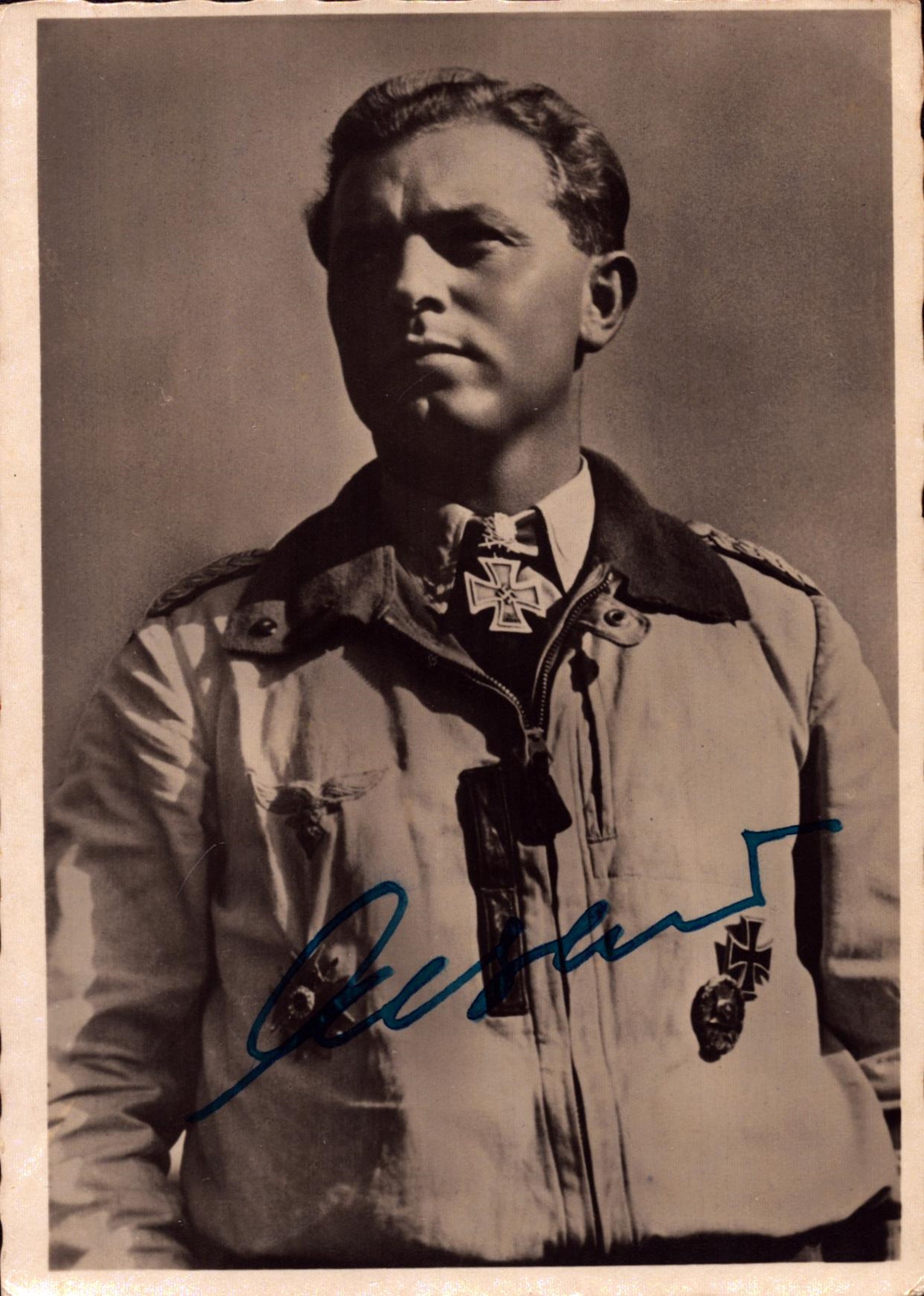 Luftwaffe Ace Walter Oesau signed 6x4 inch approx sepia photo. Walter "Gulle" Oesau (28 June - Image 2 of 3