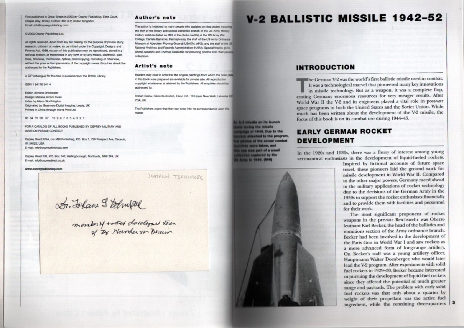 New Vanguard 82: V-2 Ballistic Missile 1942-52 by Steven J Zaloga, Signed by Johann Tschinkel. - Bild 2 aus 9