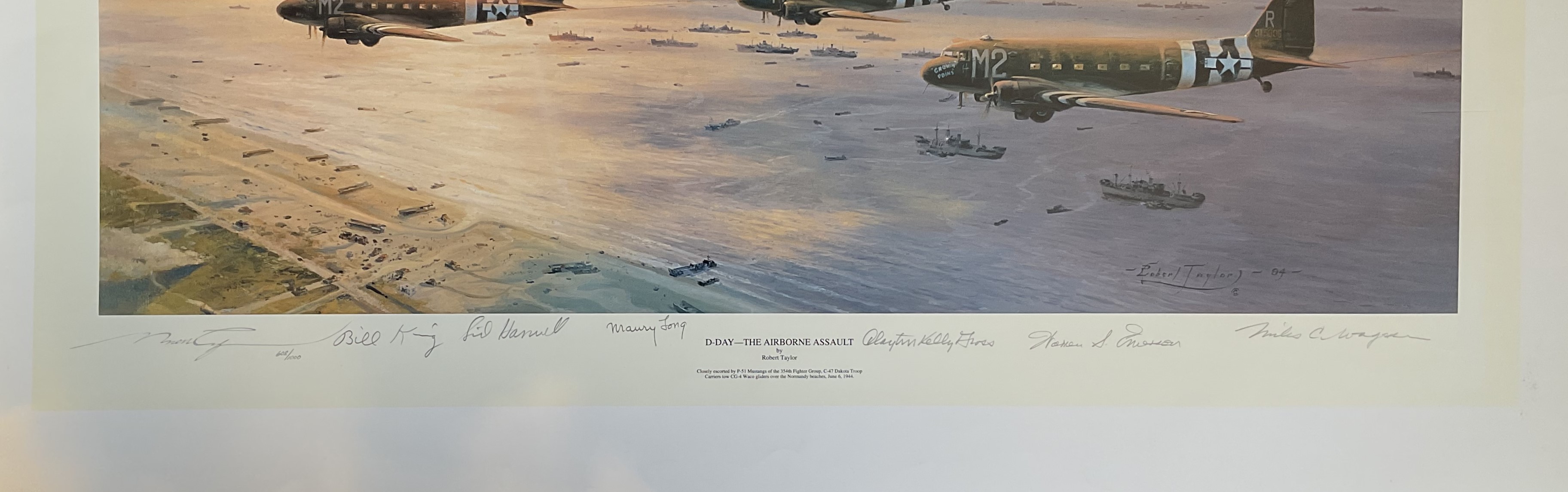WWII Multi Signed Robert Taylor Colour Print Titled D Day The Airborne Assault 35x25 Inches. Good - Image 5 of 6