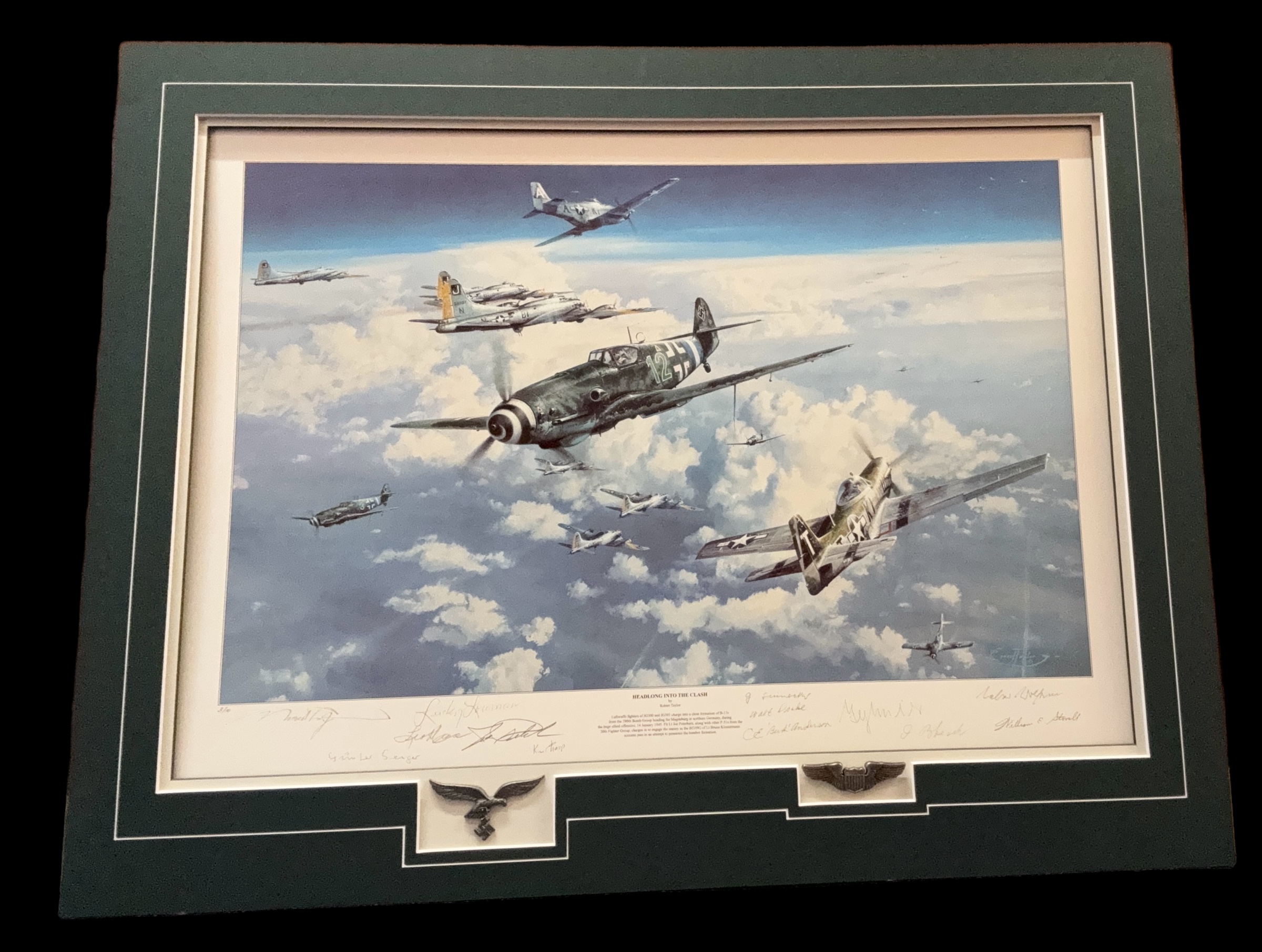 WW2 Print titled Headlong Into the Clash by Robert Taylor Tribute edition Limited 3/10. Multi signed