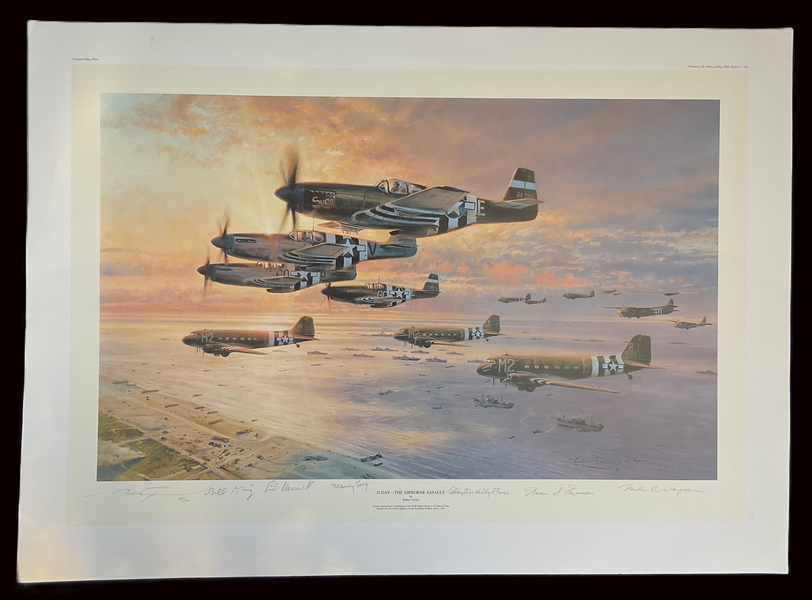 WWII Multi Signed Robert Taylor Colour Print Titled D Day The Airborne Assault 35x25 Inches. Good - Image 2 of 6