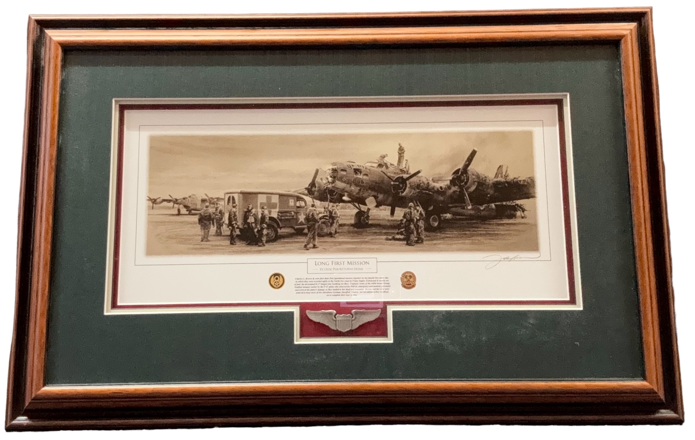 WW2 Print titled Long First Mission - Ye Olde Pub Returns Home signed by artist JOHN SHAW . This