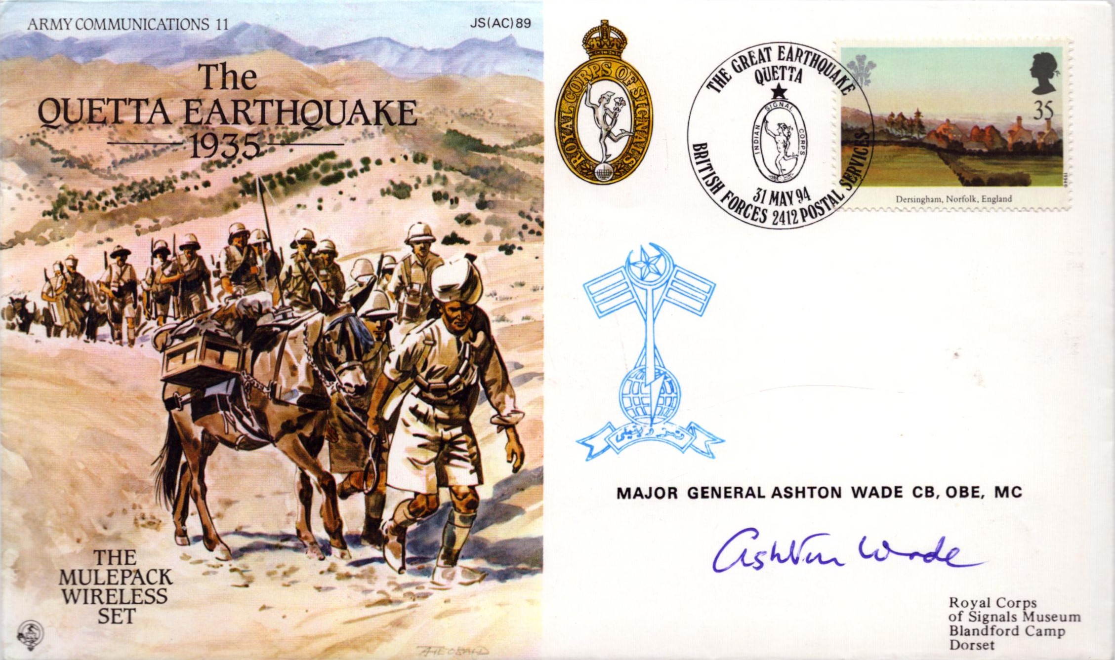 WWI and WWII Major General Ashton Wade CB,OBE,MC signed The Quetta Earthquake 1935 commemorative FDC - Image 2 of 3