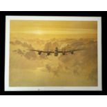 WW2 Colour Print Titled Outbound Lancaster Crossing the East Coast by Gerald Coulson. Measures 17x13