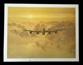 WW2 Colour Print Titled Outbound Lancaster Crossing the East Coast by Gerald Coulson. Measures 17x13