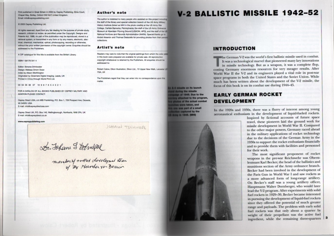 New Vanguard 82: V-2 Ballistic Missile 1942-52 by Steven J Zaloga, Signed by Johann Tschinkel.