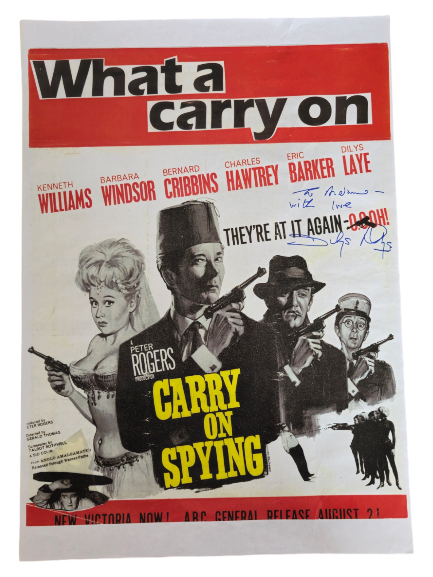 Dilys Laye signed Carry on Spying poster photo 16.5 x12 inch approx. Good condition Est.