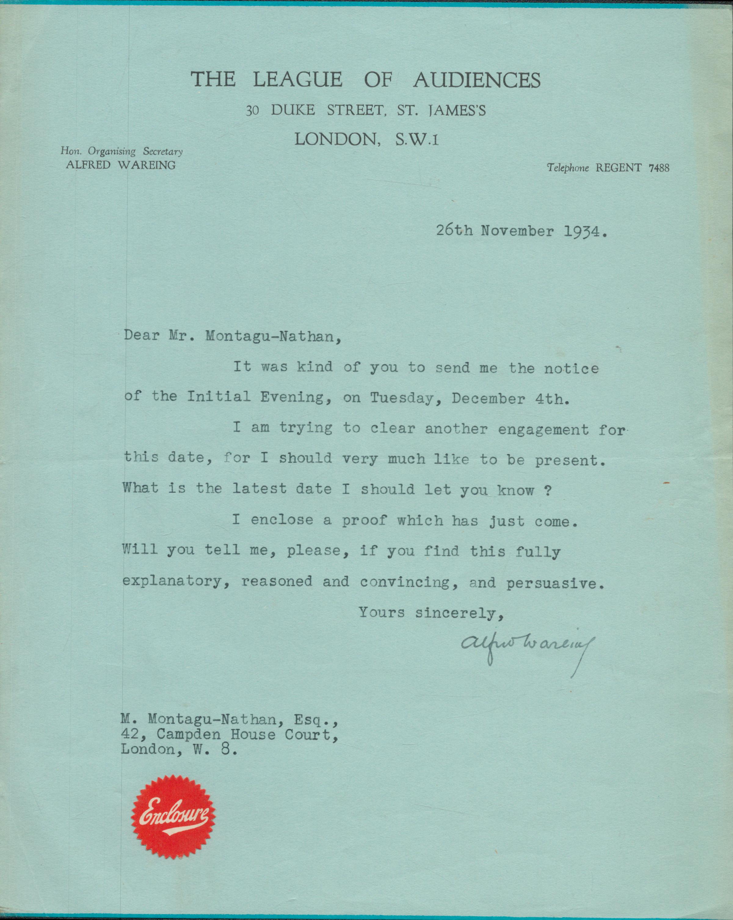 Alfred Wareing TLS on The League Of Audiences headed paper dated 26th November 1934. Good