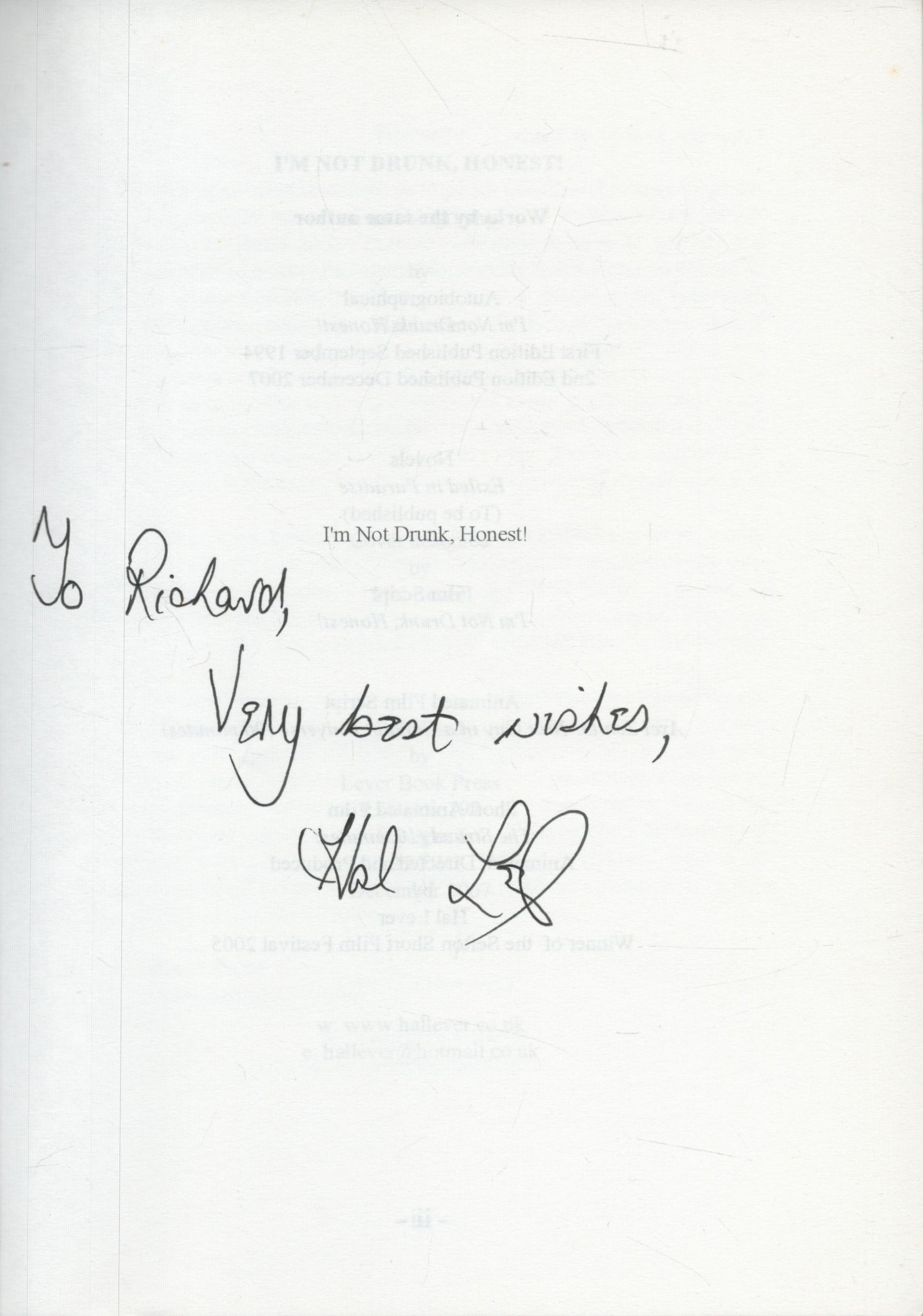I'm Not Drunk, Honest! Autobiography signed by Hal Lever. 2nd Edition. Softback book. DEDICATED. - Image 2 of 3