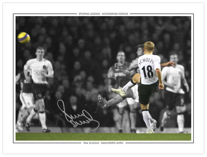 Autographed PAUL SCHOLES 16 x 12 Photo-Edition : Col, depicting Man United's PAUL SCHOLES scoring