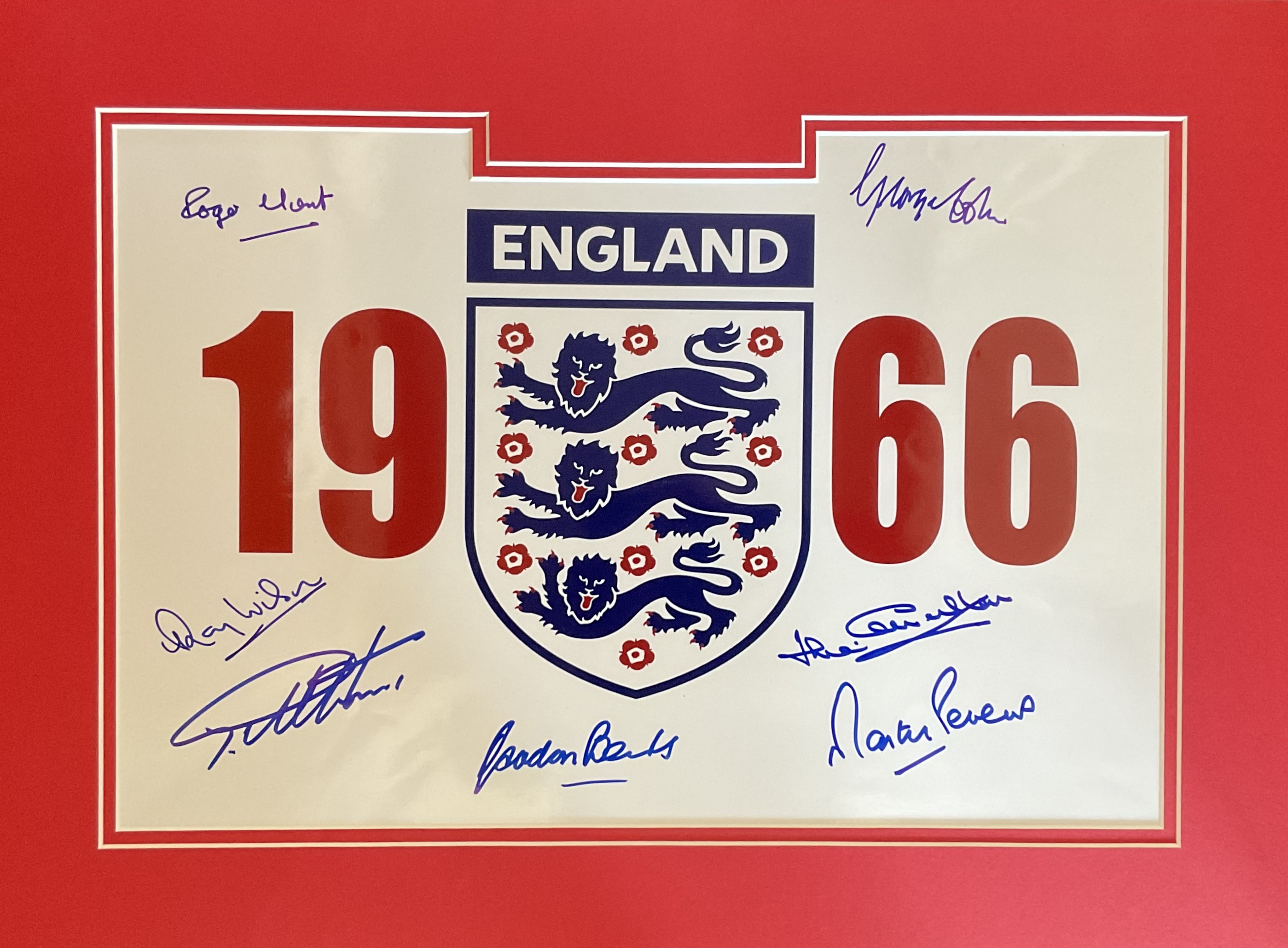 England 1966 World Cup Winners multi signed Three Lions 20x15 inch mounted signature piece