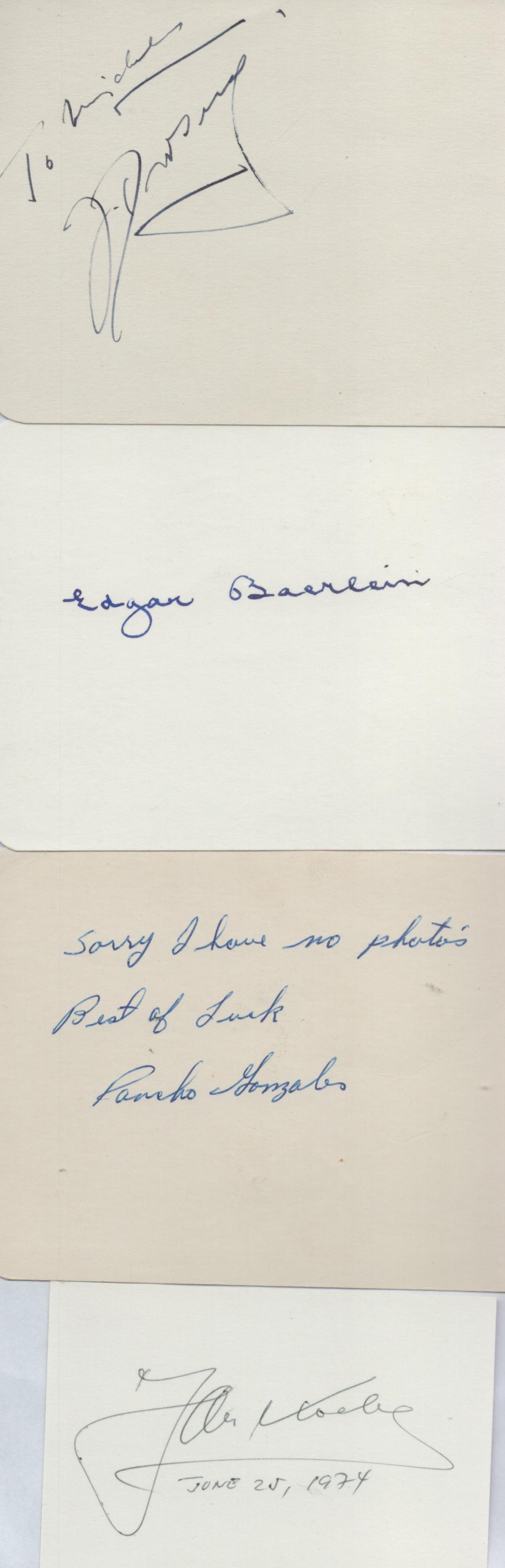 Tennis - Four signed cards, 4.5x3.5 inches, one smaller, two dedicated. They are Pancho Gonzales (