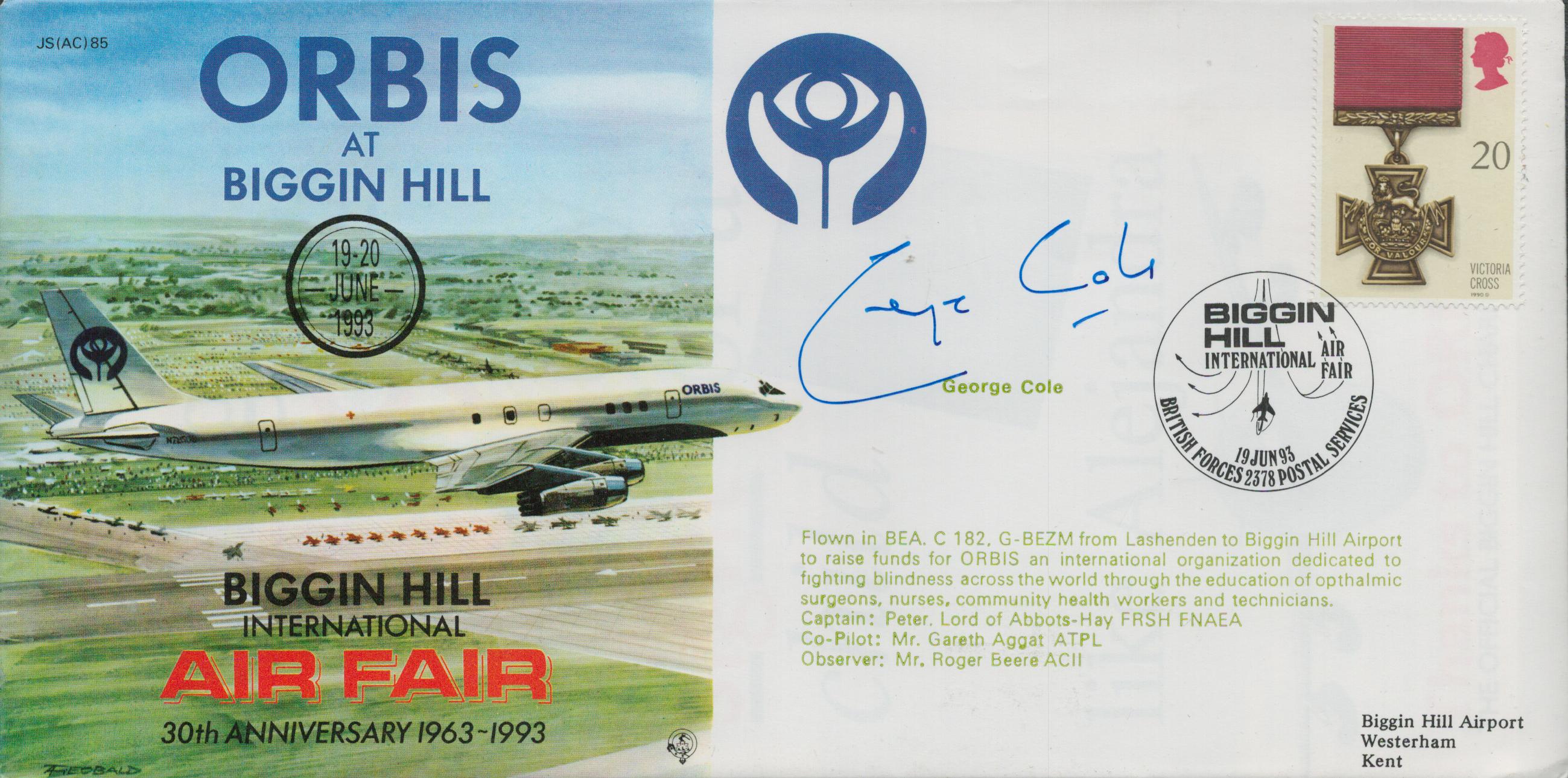 George Cole signed Biggin Hill International Air fair FDC. Good Condition. All autographs come