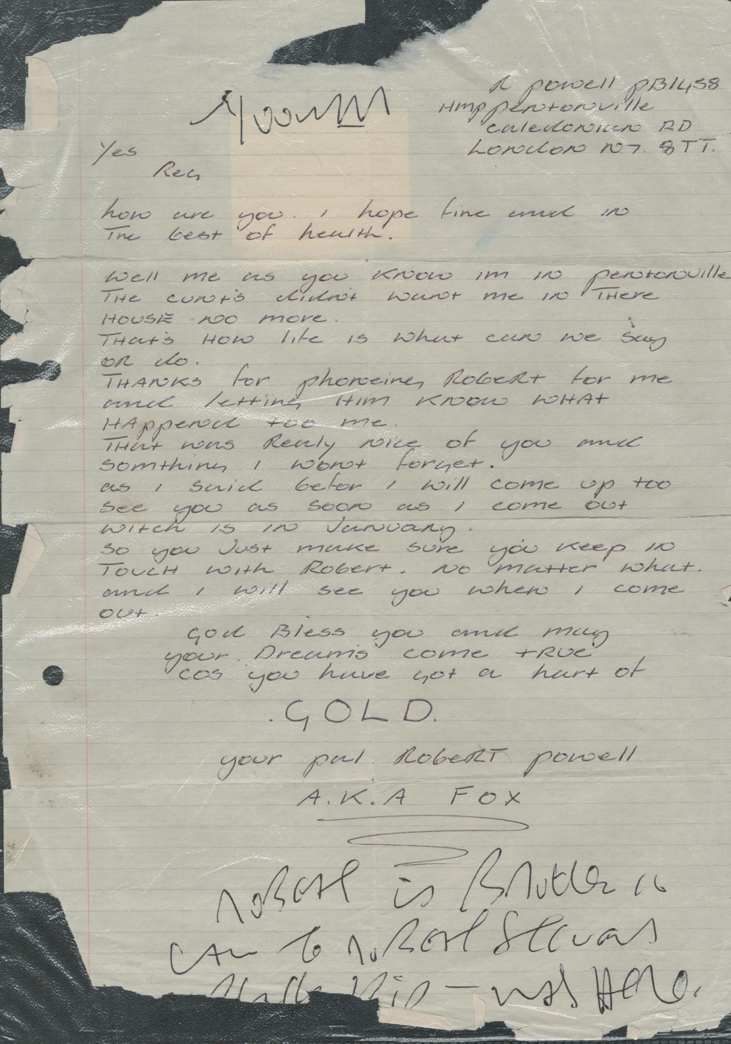 Historic Handwritten Letter To Reggie Kray from Fellow Prisoner Robert Powell AKA Fox. Reggie Kray